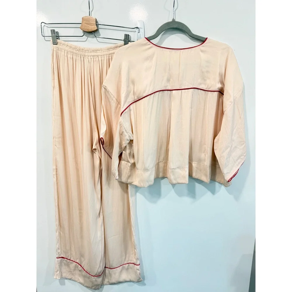 Free People Intimately Satin Pajama Set Sugar Pink Red Piping XS NEW